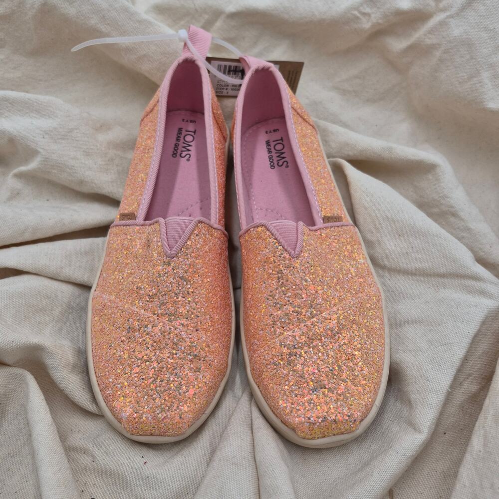 NEW TOMS Alpargata shoes in a pink quartz chunky glitter finish girls size 3
